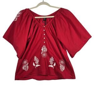 Sacred Threads Peasant Top Small Red Embroidered Boho Blouse Floral Flutter Flow